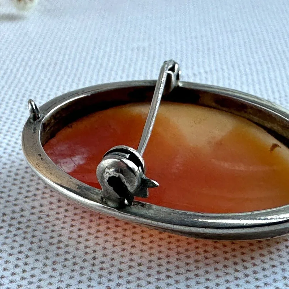 Vintage 800 Silver Shell Cameo Brooch Pendant - Picture 11 of 14